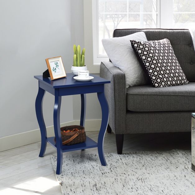 Accent End Table with Elegant Curved Legs and 2-Tier Open Storage Shelves-Blue