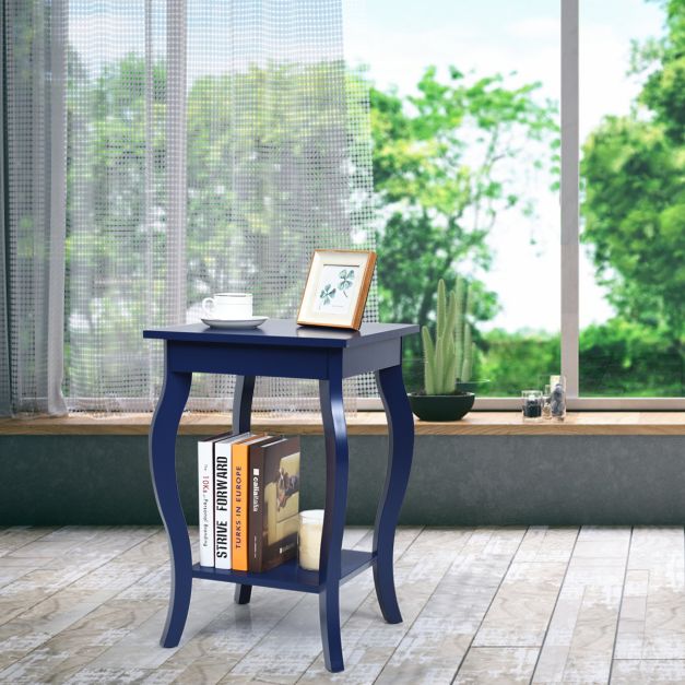 Accent End Table with Elegant Curved Legs and 2-Tier Open Storage Shelves-Blue