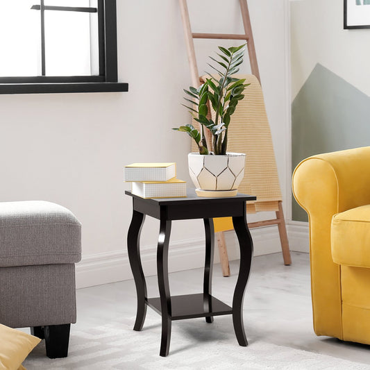 Accent End Table with Elegant Curved Legs and 2-Tier Open Storage Shelves-Coffee