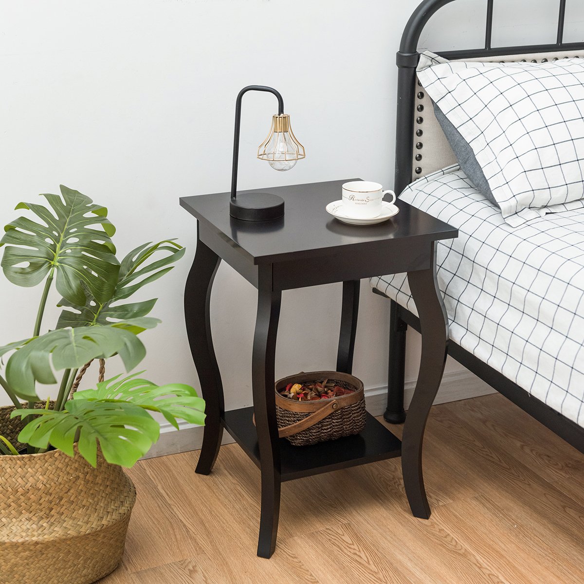 Accent End Table with Elegant Curved Legs and 2-Tier Open Storage Shelves-Coffee