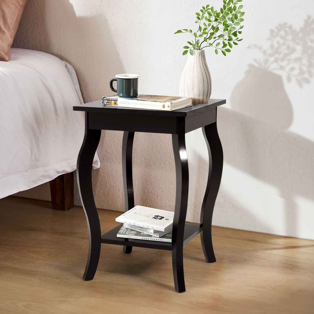 Accent End Table with Elegant Curved Legs and 2-Tier Open Storage Shelves-Coffee
