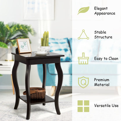 Accent End Table with Elegant Curved Legs and 2-Tier Open Storage Shelves-Coffee