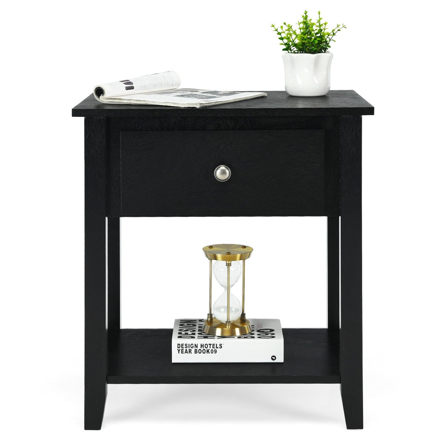Accent Table Narrow Side End Table with 1 Drawer and Open Storage Shelf-Black