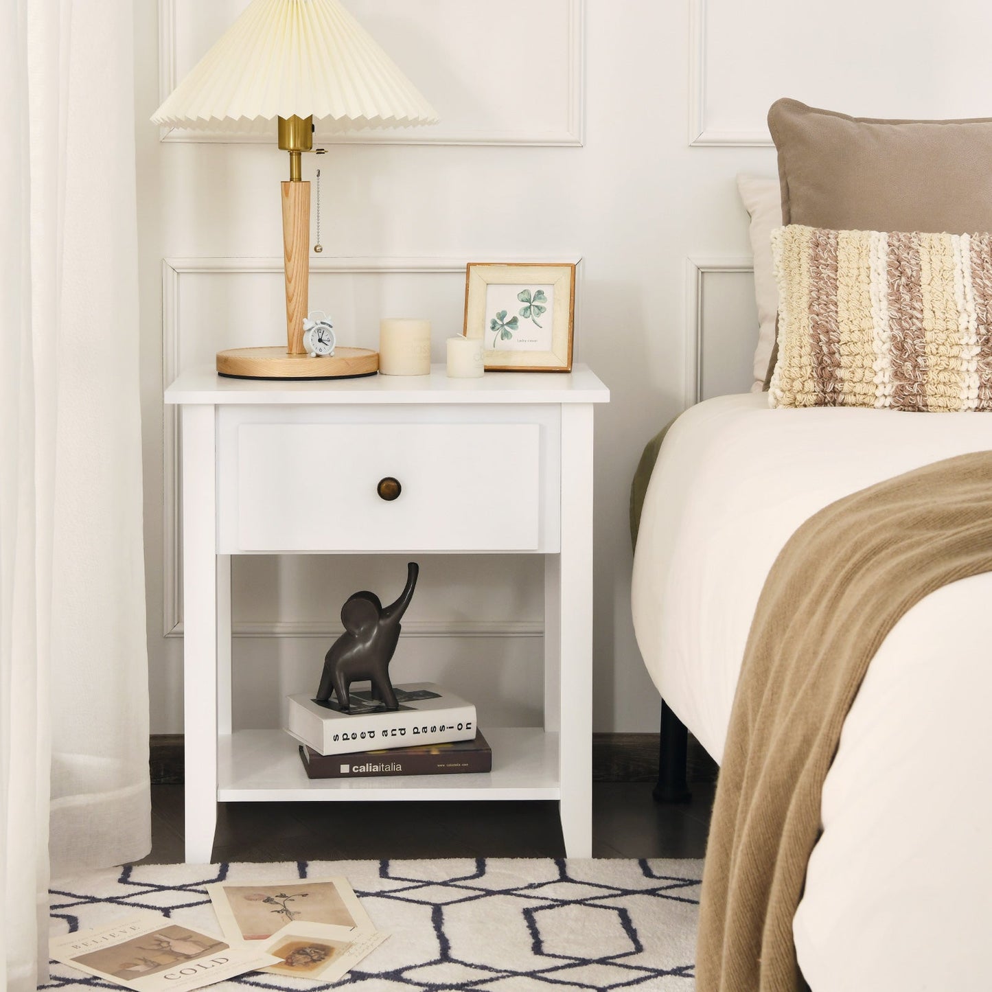 Accent Table Narrow Side End Table with 1 Drawer and Open Storage Shelf-White