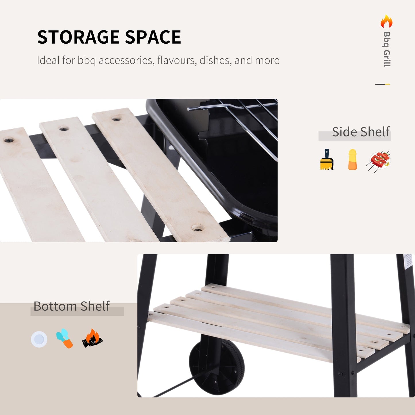 Outsunny BBQ Grill Trolley Charcoal BBQ Barbecue Grill Outdoor Patio Garden Heating Smoker with Side Trays Storage Shelf and Wheels