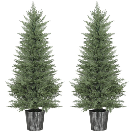 HOMCOM 135cm Artificial Cypress Trees Set of 2, UV Resistant Artificial Plants with Decorative Pot, Fake Plants for Indoor Outdoor Decor, Green