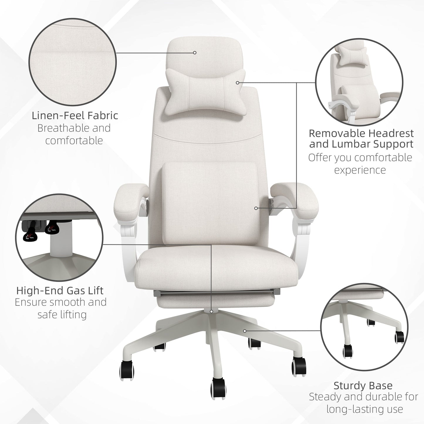 Vinsetto Linen-Look Office Chair, with 160¡ Reclining Back and Footrest - White