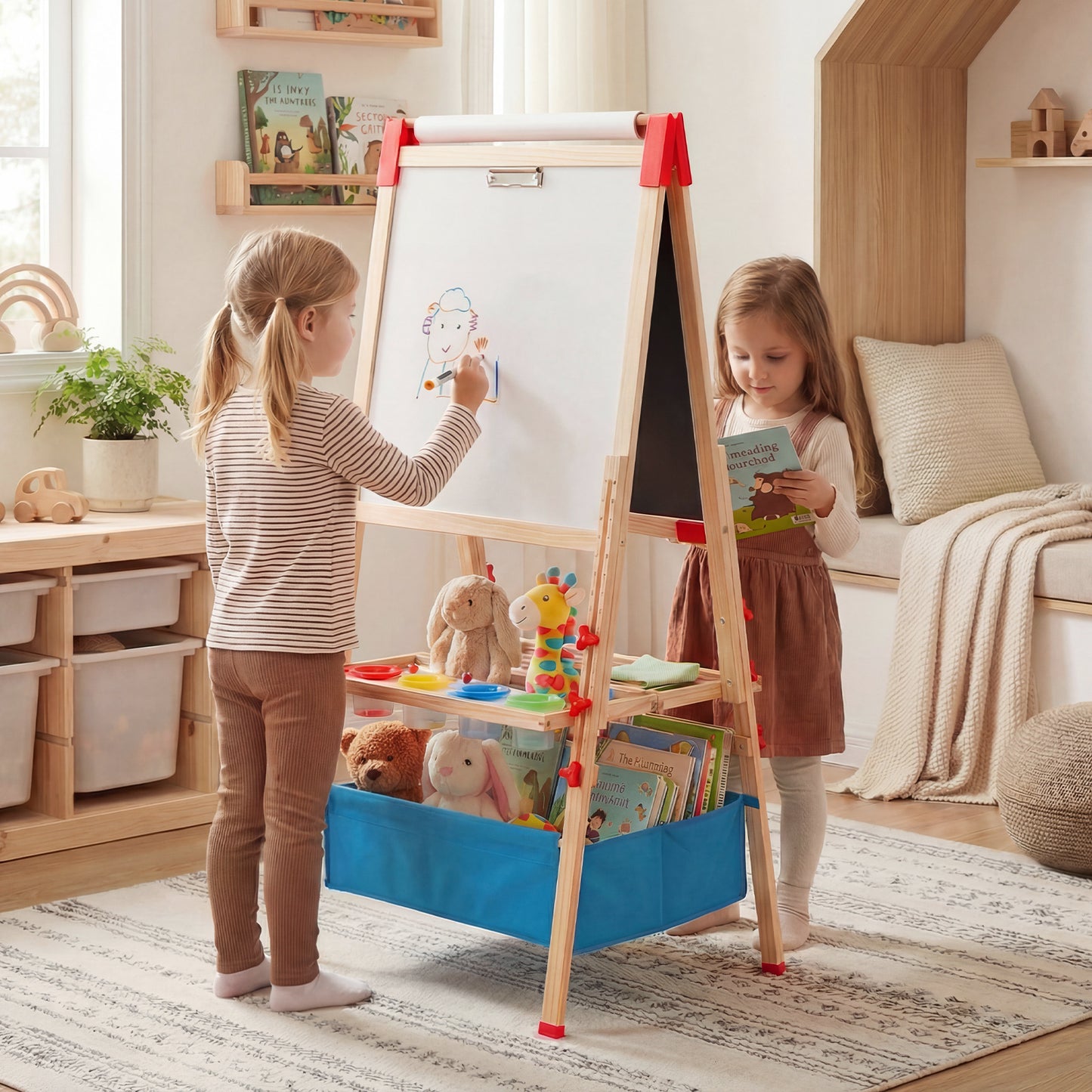 Adjustable Art Easel with Magnetic Chalkboard and Whiteboard-Colourful