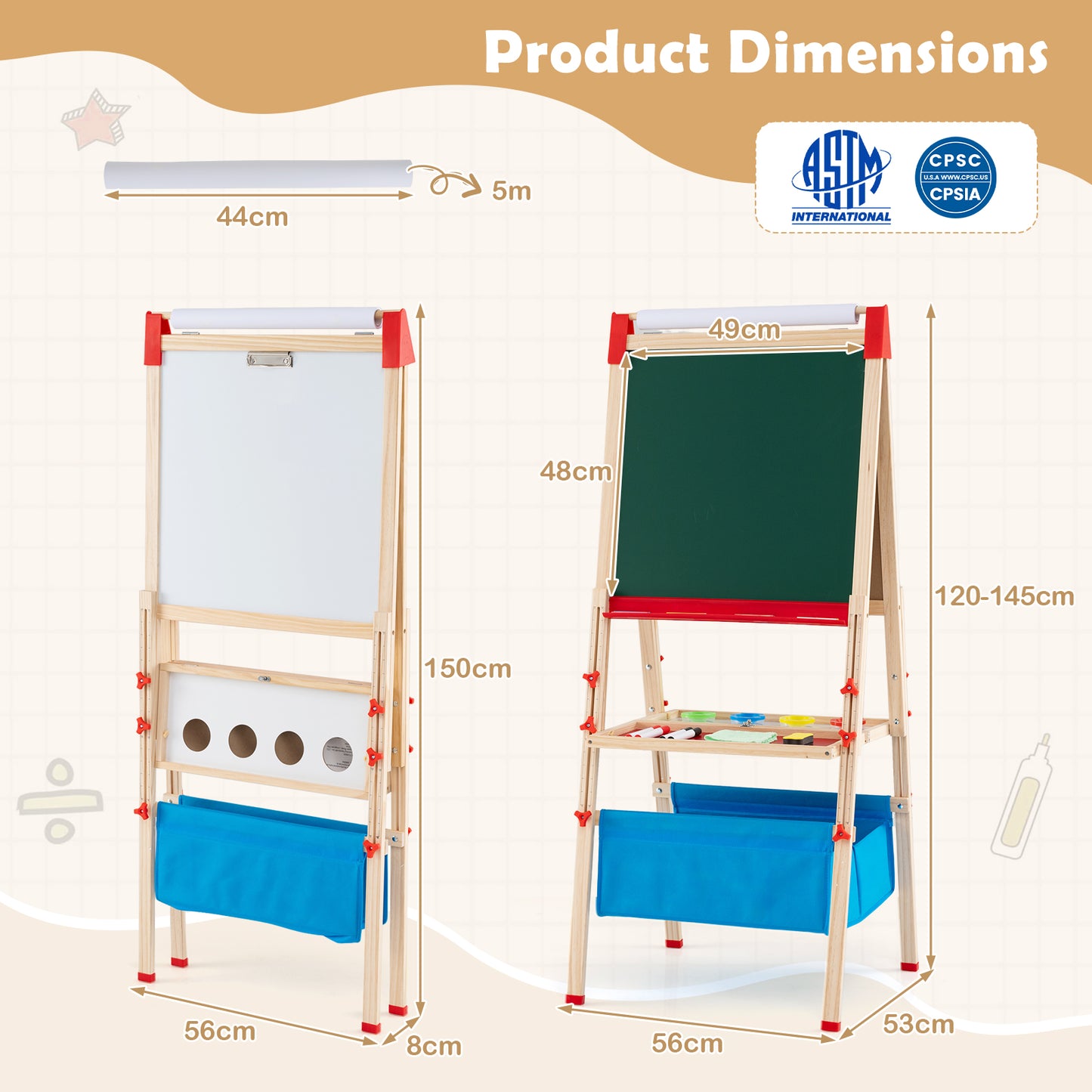 Adjustable Art Easel with Magnetic Chalkboard and Whiteboard-Colourful