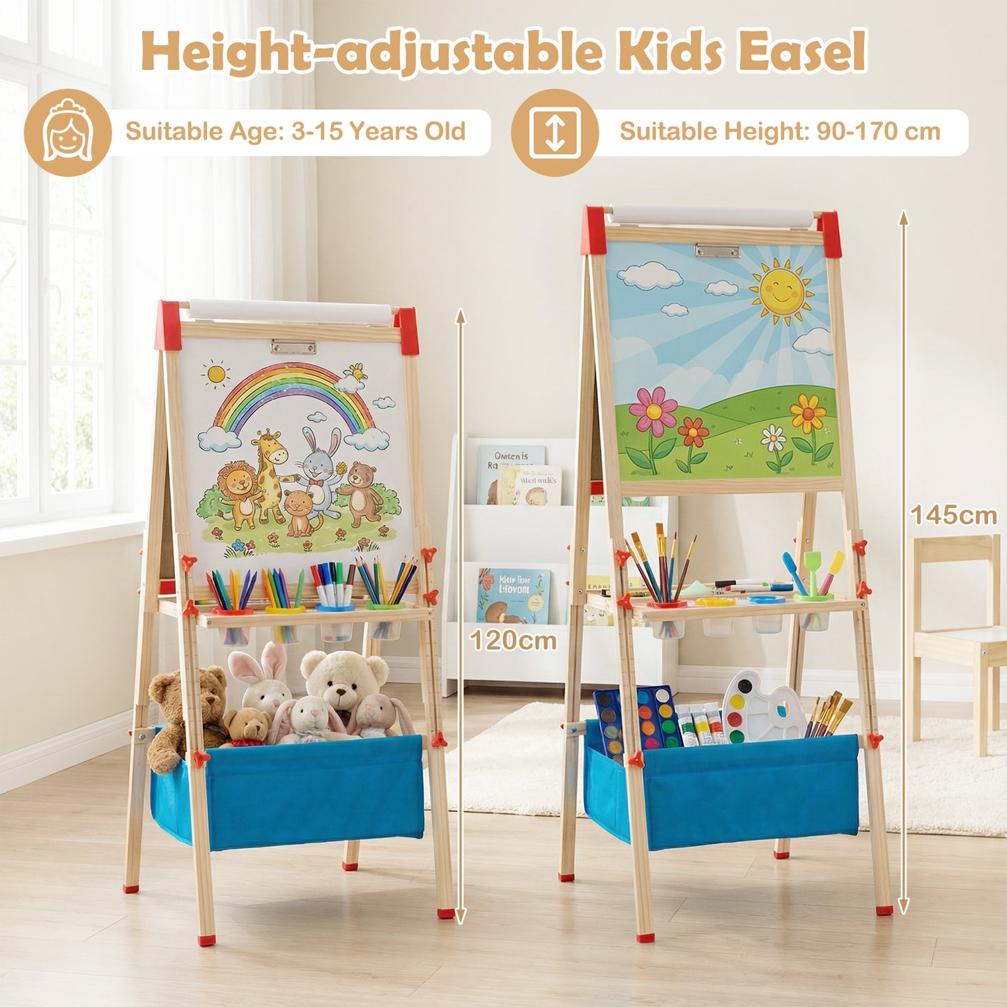 Adjustable Art Easel with Magnetic Chalkboard and Whiteboard-Colourful