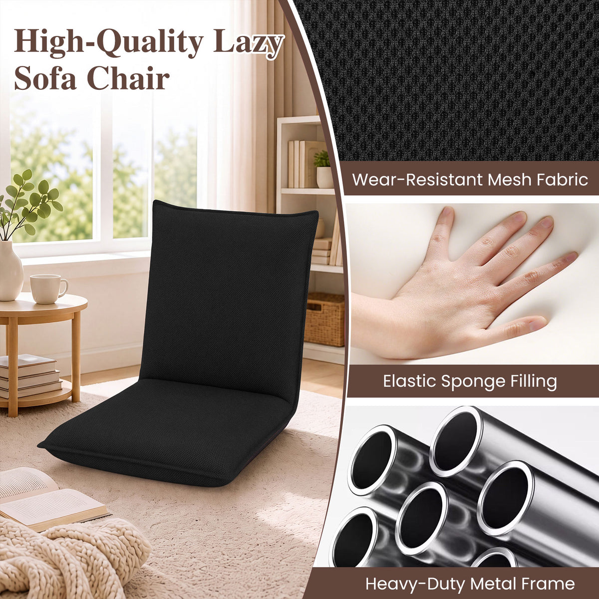 Adjustable Floor Chair with Adjustable Backrest and Sponge Filling-Black
