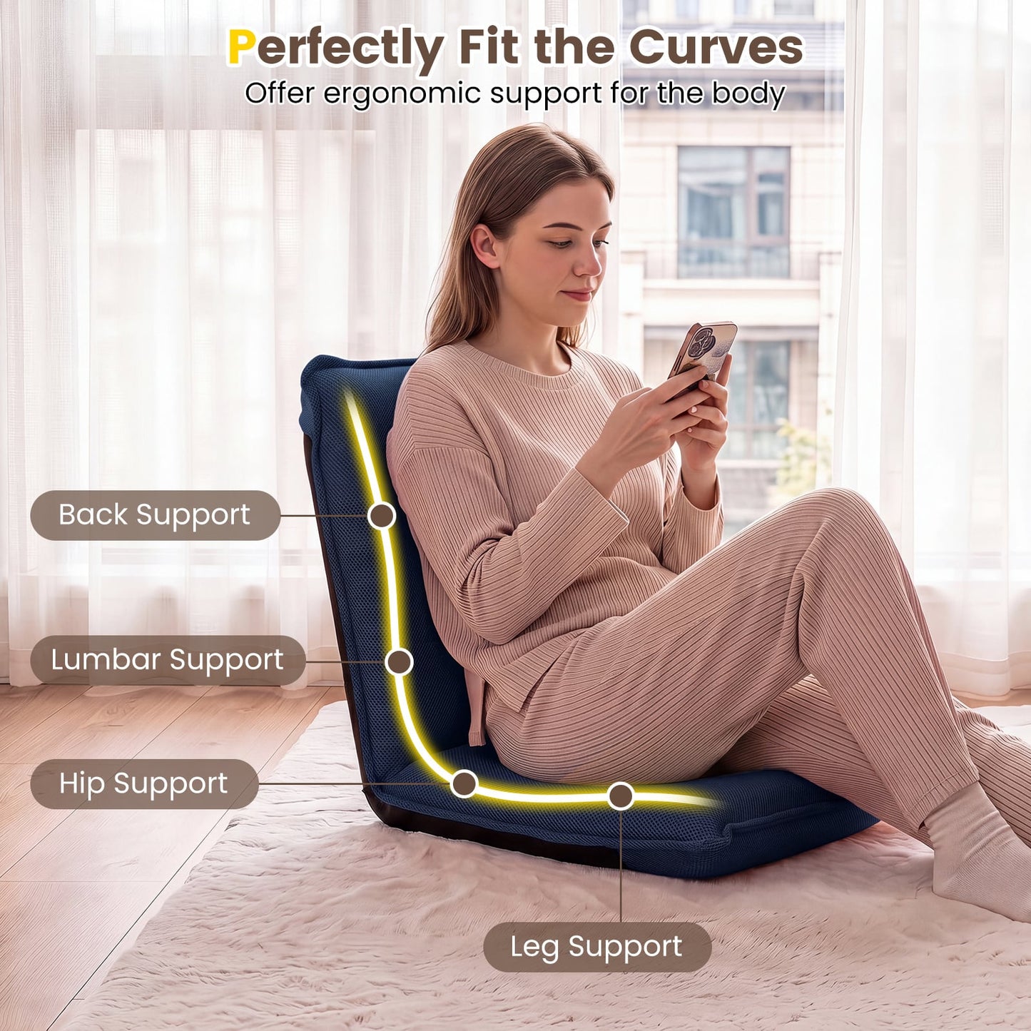 Adjustable Floor Chair with Adjustable Backrest and Sponge Filling-Navy