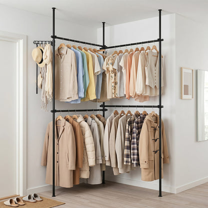Adjustable Floor to Ceiling Clothes Rack with 2 Hanging Rods Folding Drying Rack and Reacher Pole-Black