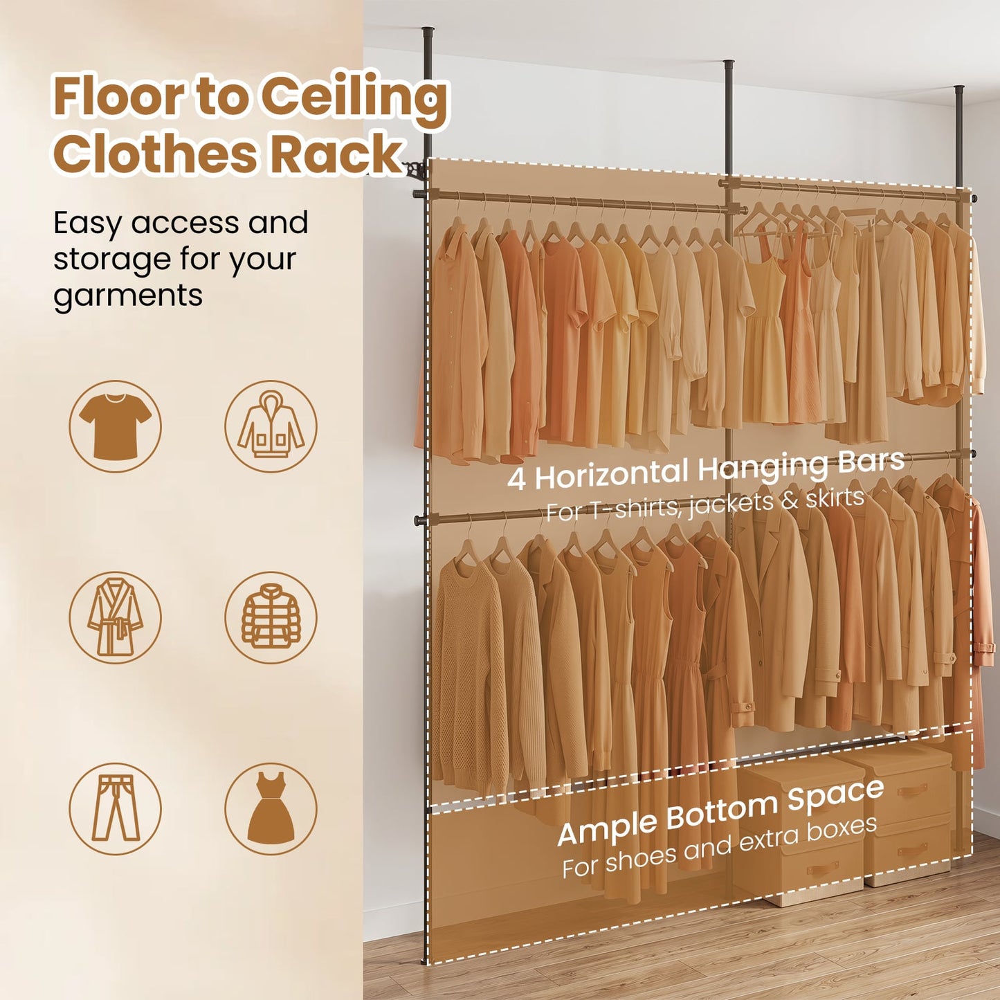 Adjustable Floor to Ceiling Clothes Rack with 2 Hanging Rods Folding Drying Rack and Reacher Pole-Black