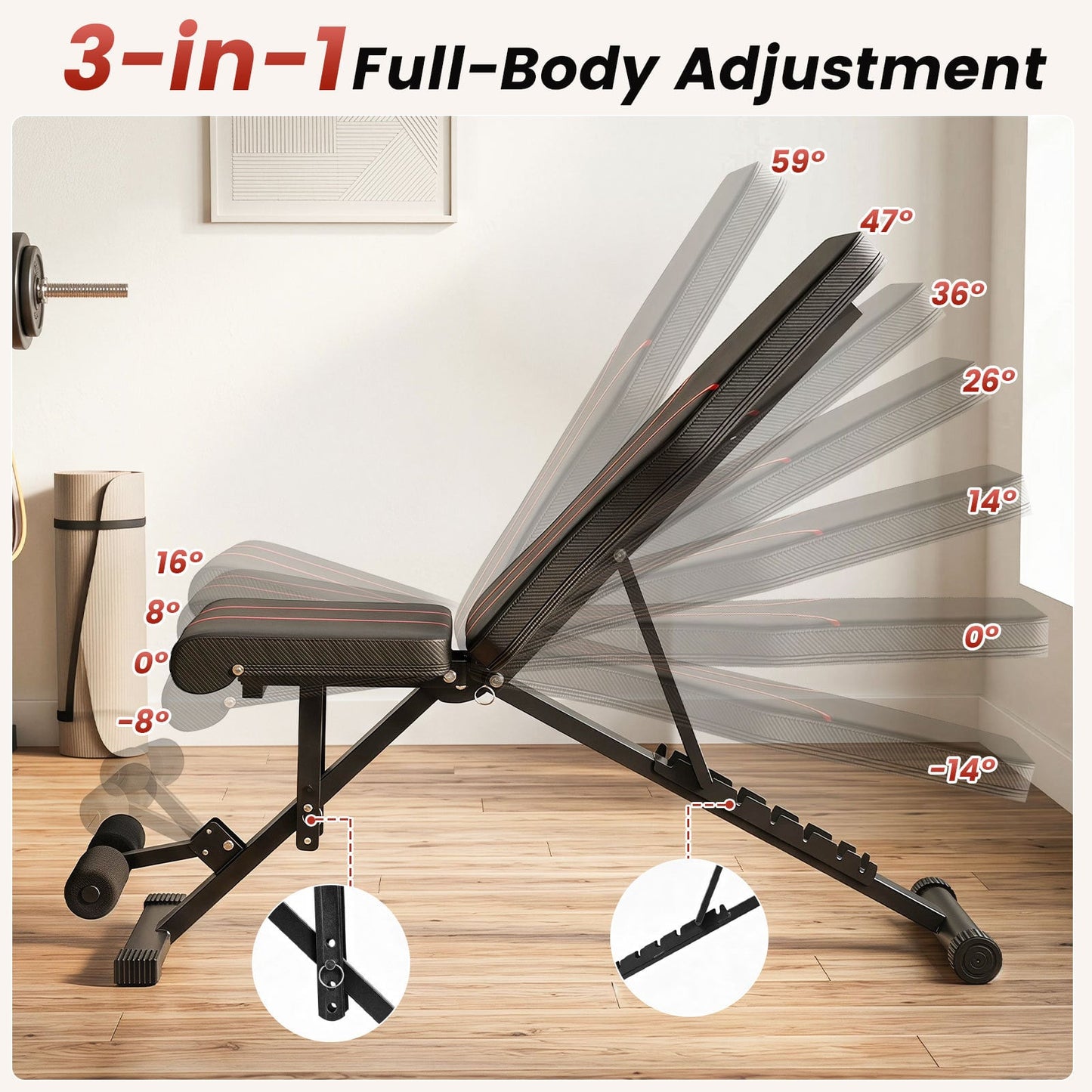 Adjustable Foldable Black Dumbbell Bench with PU Upholstery
