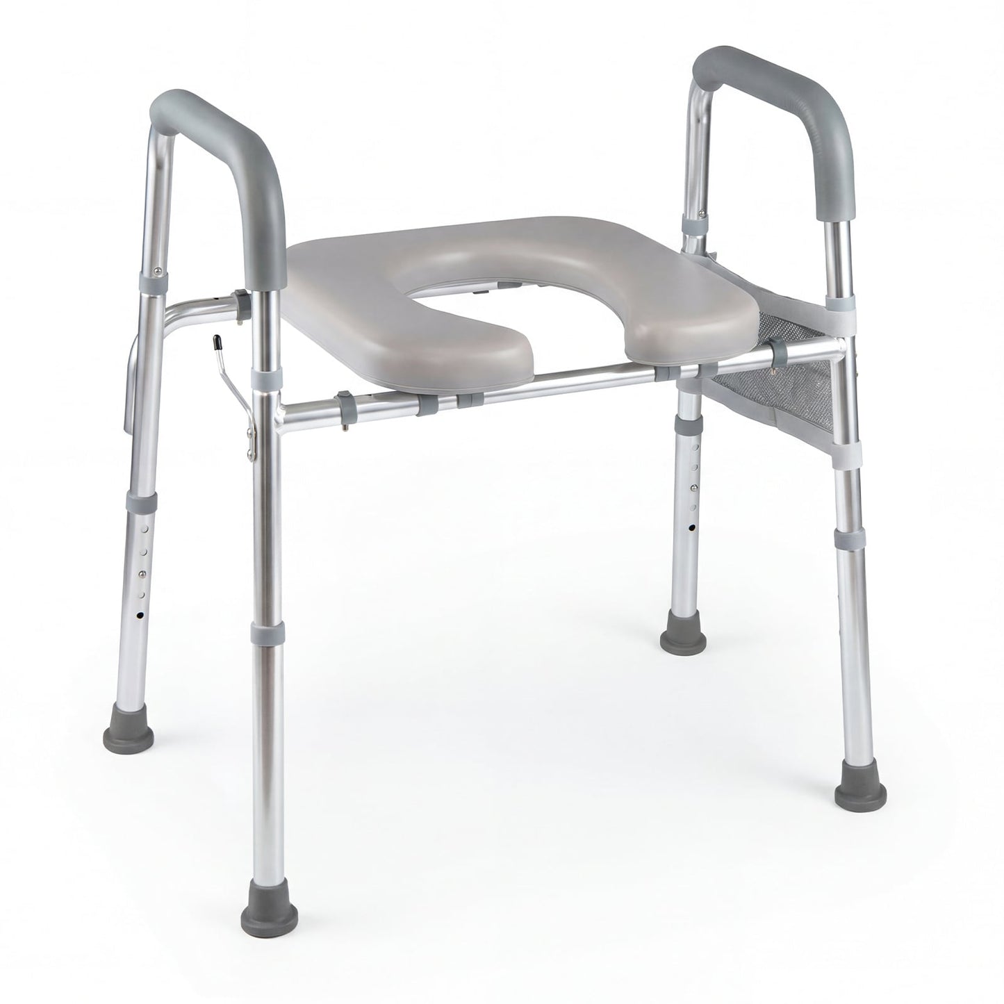 Adjustable Height and Width Raised Toilet Seat for Seniors with Padded Arms and Storage Bag-Silver