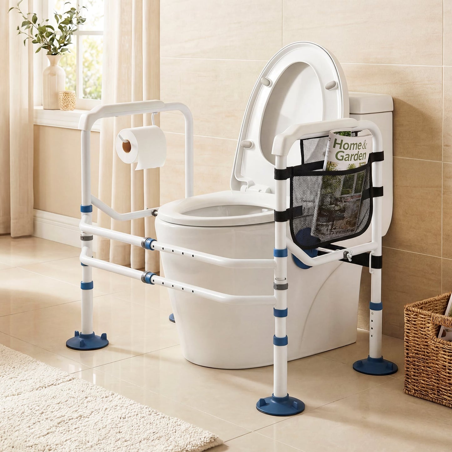 Adjustable Height and Width Toilet Safety Rails with Non-Slip Grip and Suction Legs-White