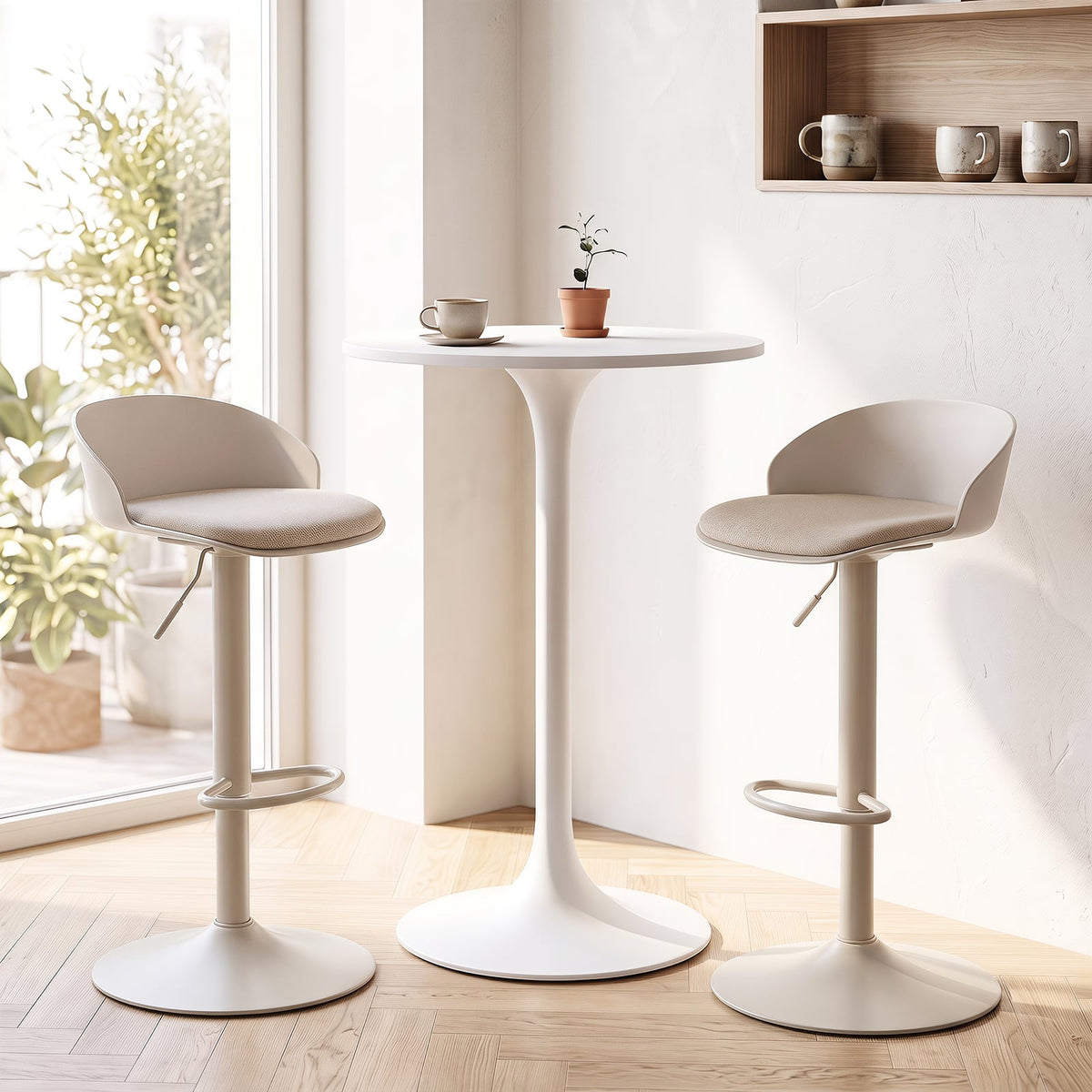 Adjustable Swivel Bar Stools with Back and Footrest Loads 150 KG Each-Cream