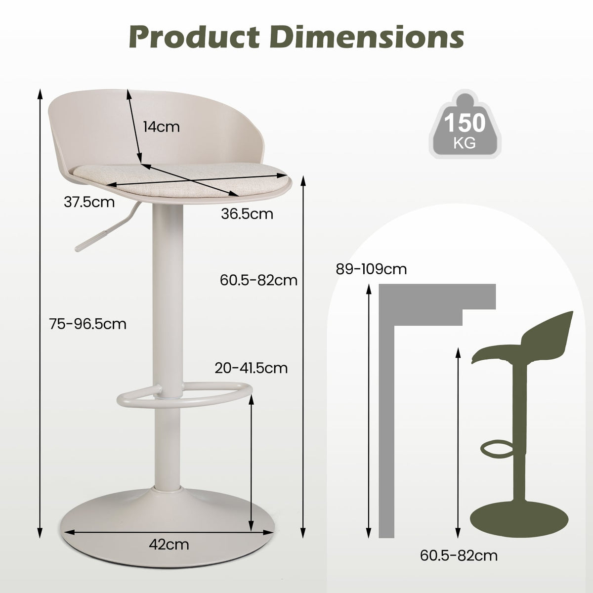 Adjustable Swivel Bar Stools with Back and Footrest Loads 150 KG Each-Cream