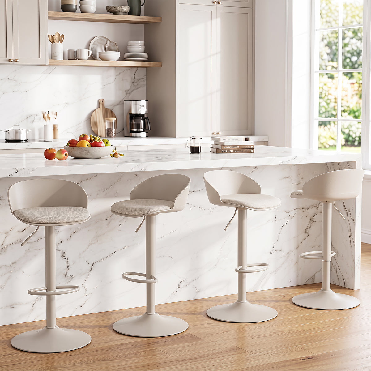Adjustable Swivel Bar Stools with Back and Footrest Loads 150 KG Each-Cream