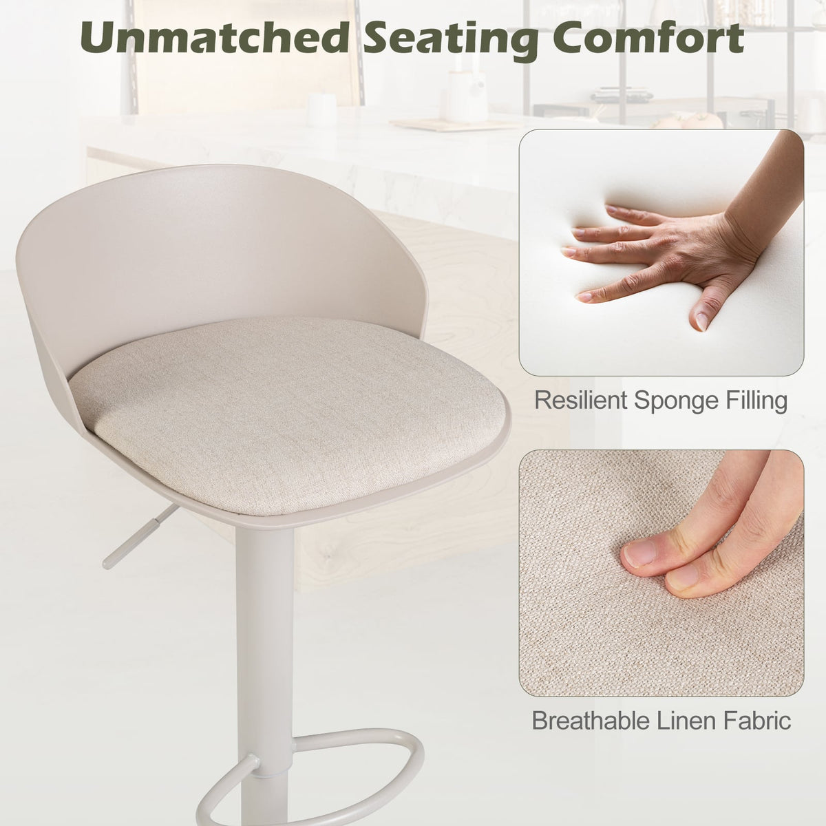 Adjustable Swivel Bar Stools with Back and Footrest Loads 150 KG Each-Cream