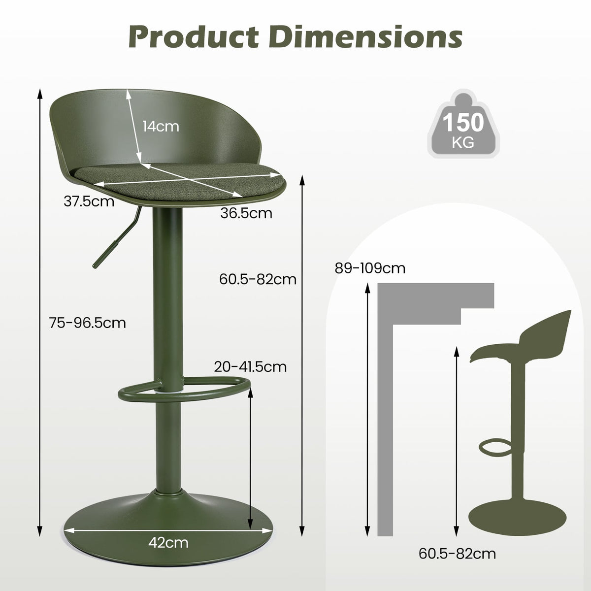 Adjustable Swivel Bar Stools with Back and Footrest Loads 150 KG Each-Olive Green