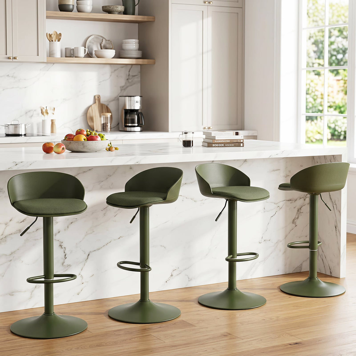 Adjustable Swivel Bar Stools with Back and Footrest Loads 150 KG Each-Olive Green