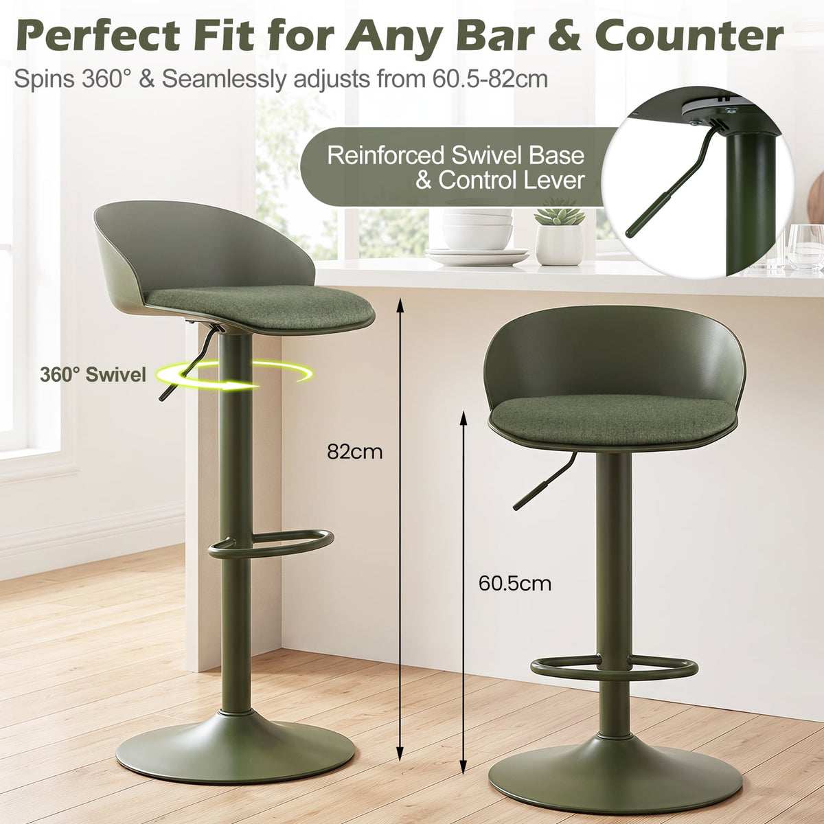 Adjustable Swivel Bar Stools with Back and Footrest Loads 150 KG Each-Olive Green