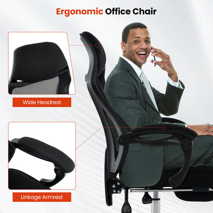 Regulowany ergonomiczny fotel biurowy z siatki z podnóżkiem - czarny