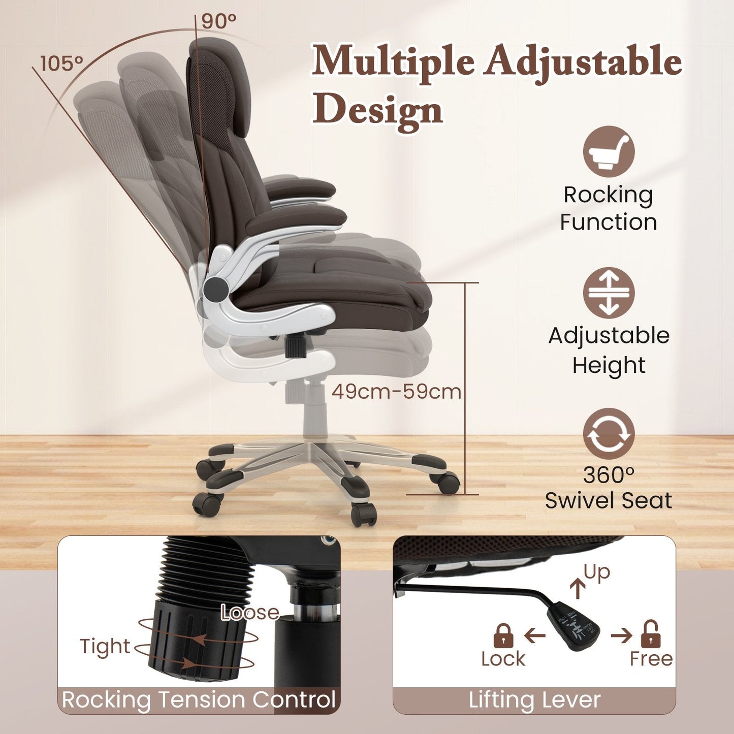 Adjustable Executive Office Chair PU Leather with Rocking Function and Armrests-Brown