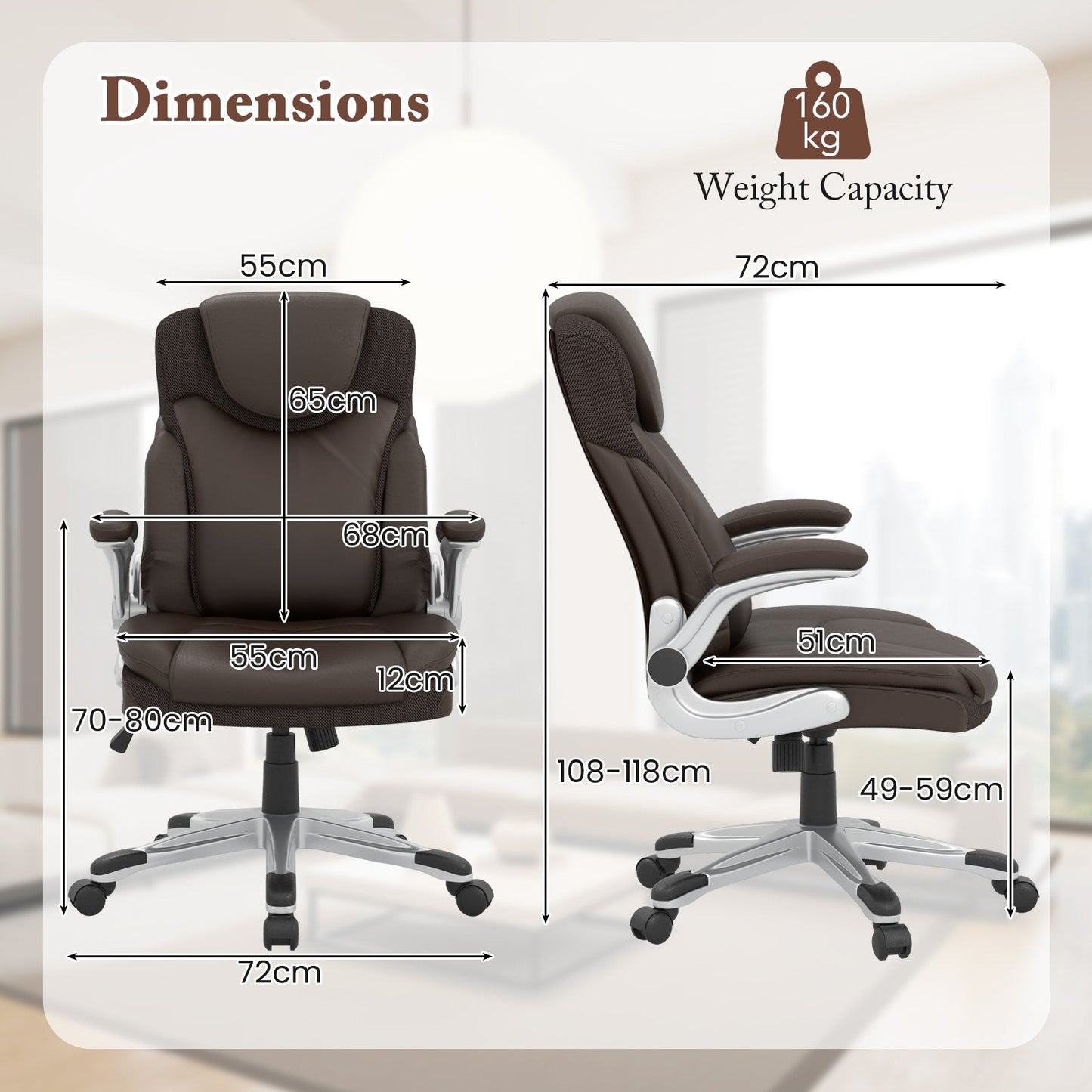 Adjustable Executive Office Chair PU Leather with Rocking Function and Armrests-Brown