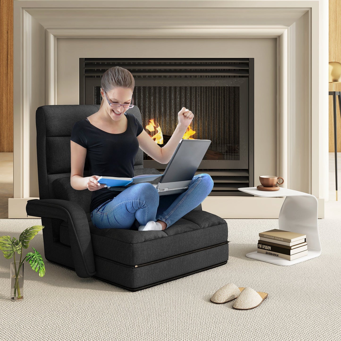 Adjustable Folding Floor Lazy Chair with Pillow-Dark Grey