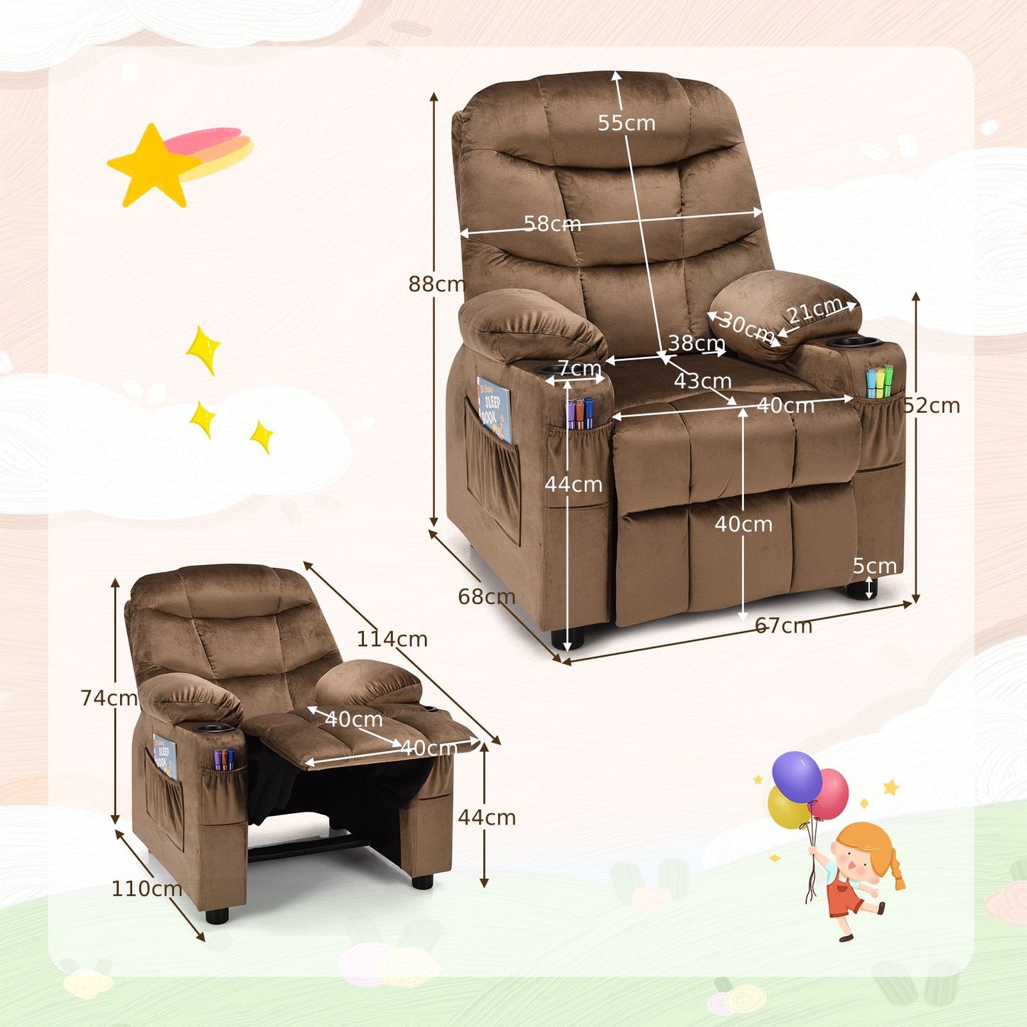 Adjustable Larger Kids Lounge Recliner Chair with 2 Cup Holders-Brown