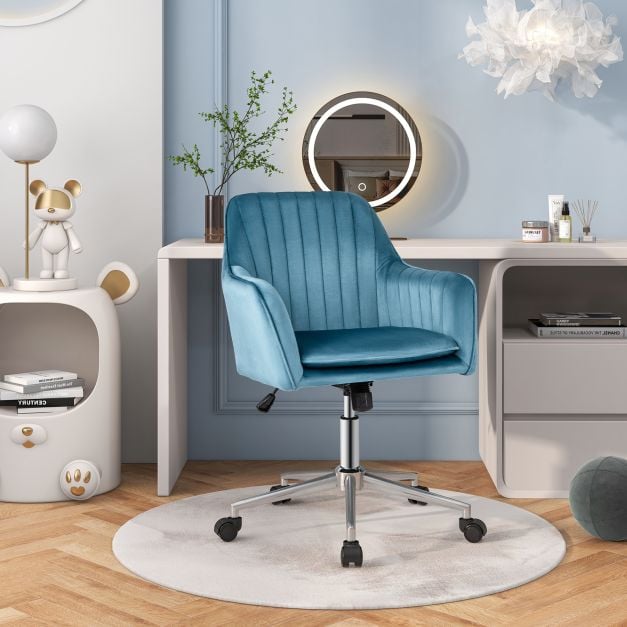 Adjustable Velvet Leisure Chair with 4 Universal Wheels for Daily-Blue