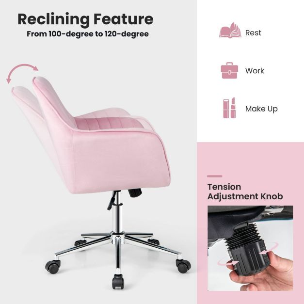 Adjustable Velvet Leisure Chair with 4 Universal Wheels for Daily-Pink