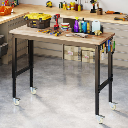 Adjustable Workbench with Wheels and Heavy-Duty Metal Frame-Natural