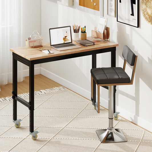 Adjustable Workbench with Wheels and Heavy-Duty Metal Frame-Natural
