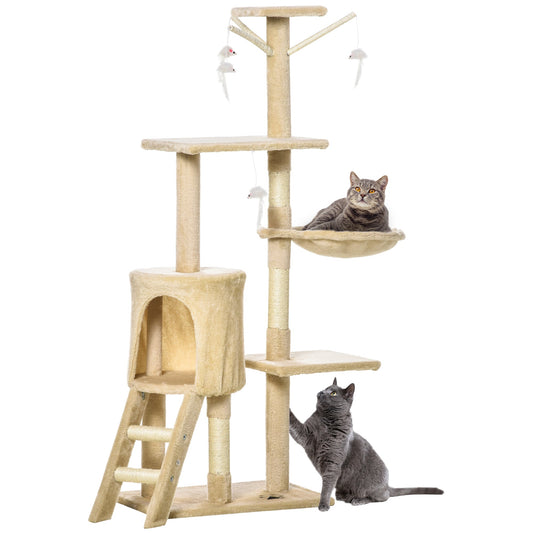 PawHut Cat Tree for Indoor Cats 135cm Cat Tower Scratching Post Kitty Scratcher Climbing Tower with Ladder, Beige