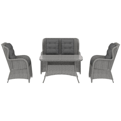 Outsunny Garden PE Rattan Dining Sofa Set, Outdoor 4 Seater Wicker Furniture, High Back Chairs with Cushions, Hartowane szkło stolik kawowy na patio, jasnoszary