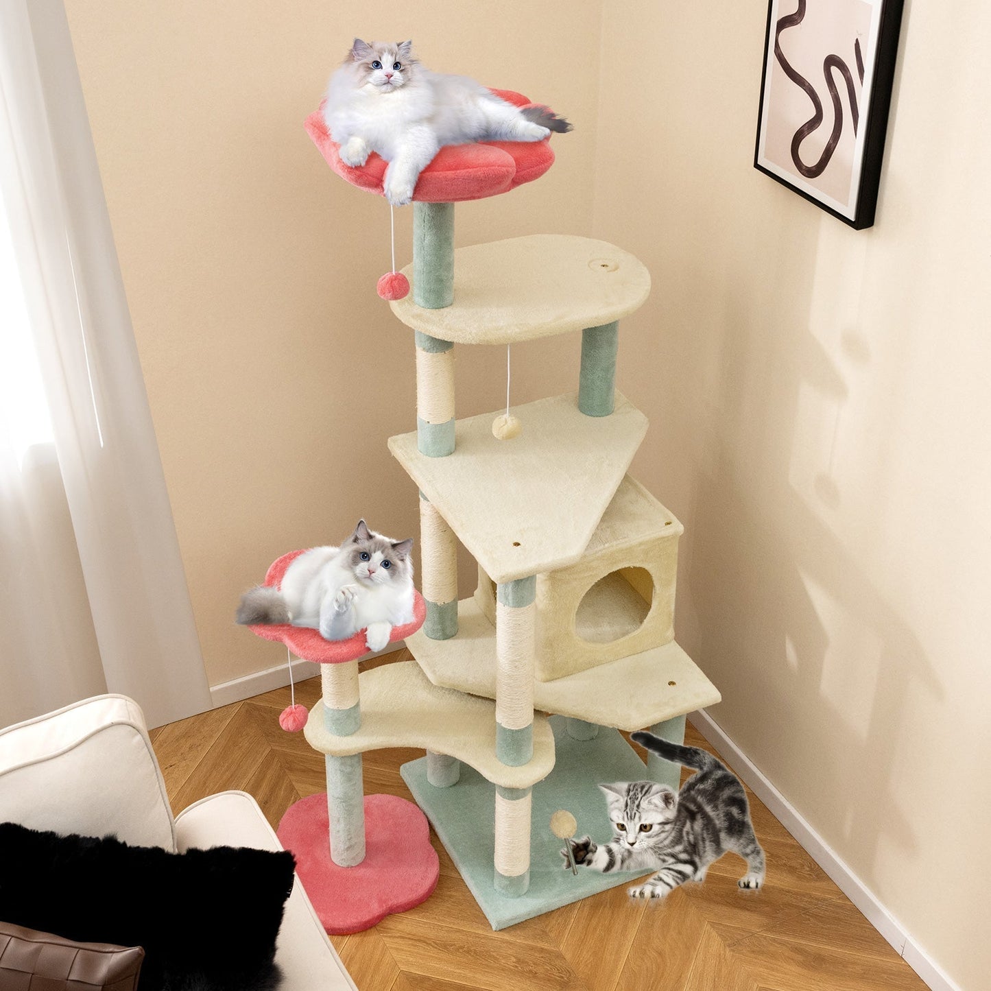 Multi-Level Aesthetic Floral Kitten Tower with Condo and Perch-Red