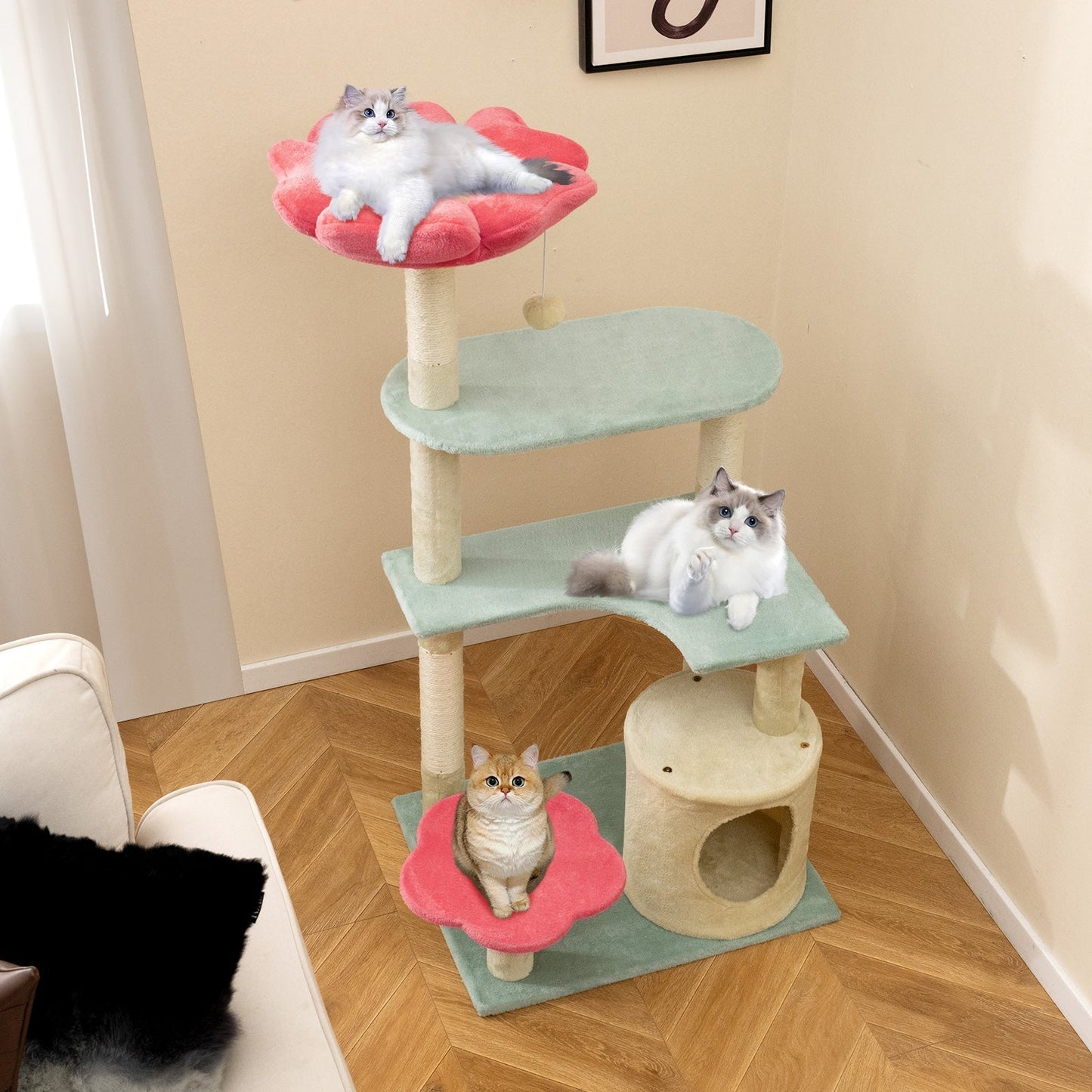 Multi-Level Aesthetic Floral Kitten Tower with Flower-Shaped Plush Padded Perch-Red