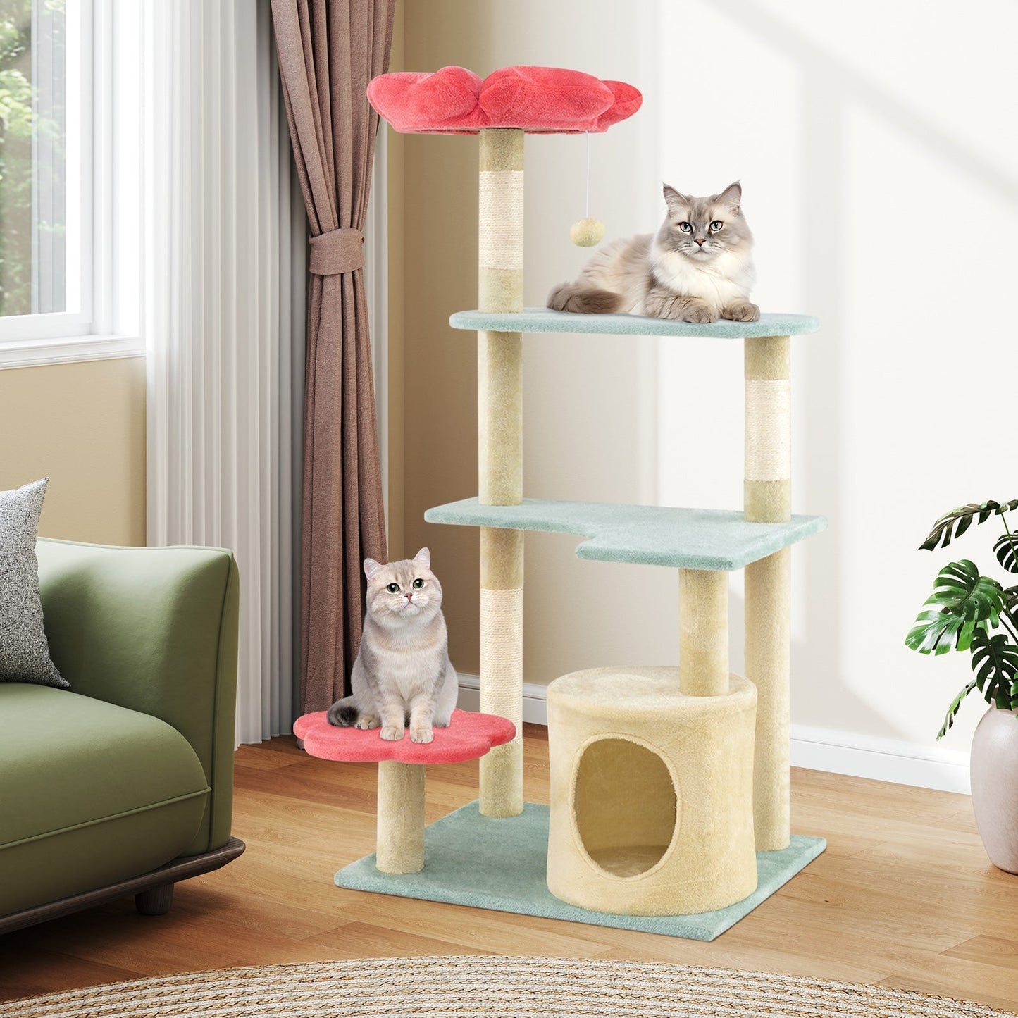 Multi-Level Aesthetic Floral Kitten Tower with Flower-Shaped Plush Padded Perch-Red