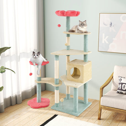 Multi-Level Aesthetic Floral Kitten Tower with Condo and Perch-Red