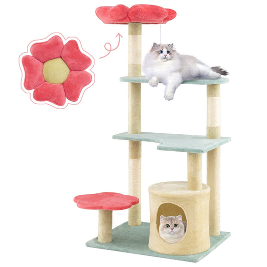 Multi-Level Aesthetic Floral Kitten Tower with Flower-Shaped Plush Padded Perch-Red