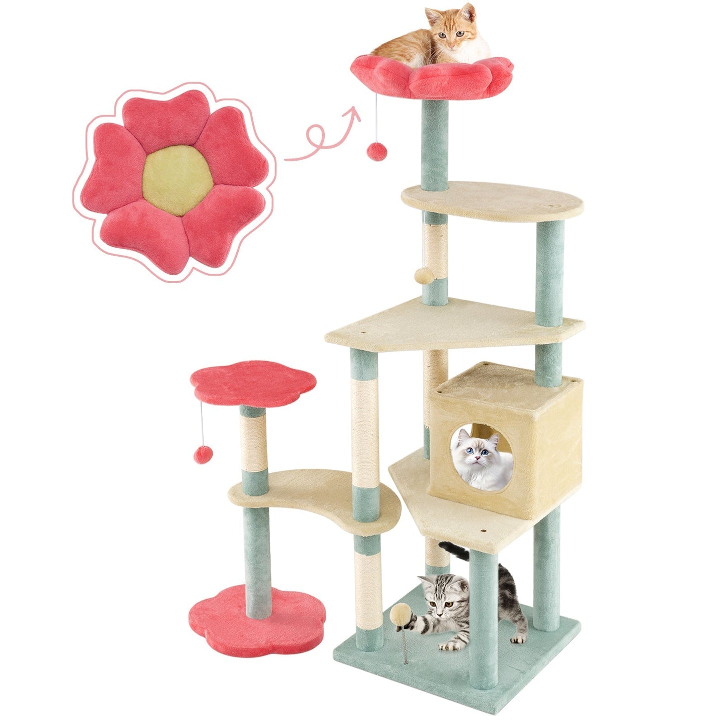 Multi-Level Aesthetic Floral Kitten Tower with Condo and Perch-Red