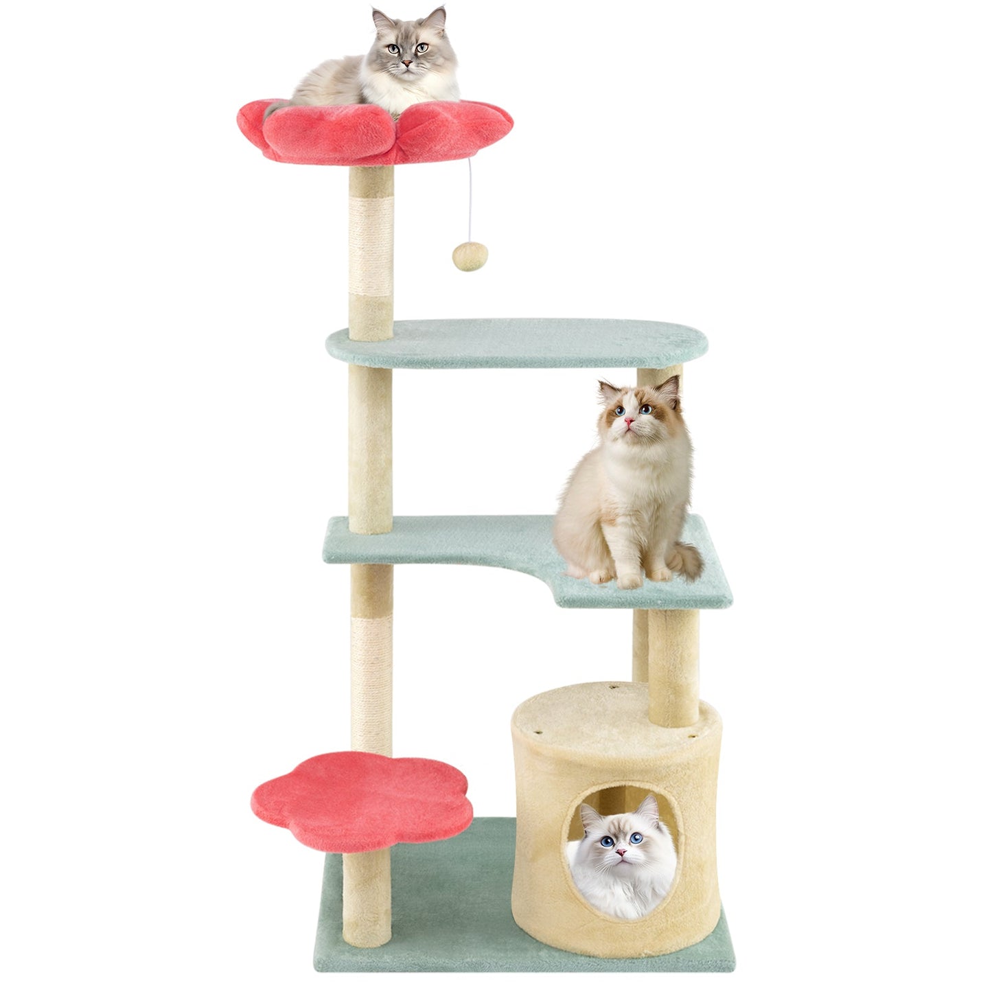 Multi-Level Aesthetic Floral Kitten Tower with Flower-Shaped Plush Padded Perch-Red