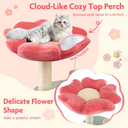 Multi-Level Aesthetic Floral Kitten Tower with Flower-Shaped Plush Padded Perch-Red