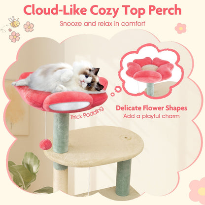 Multi-Level Aesthetic Floral Kitten Tower with Condo and Perch-Red