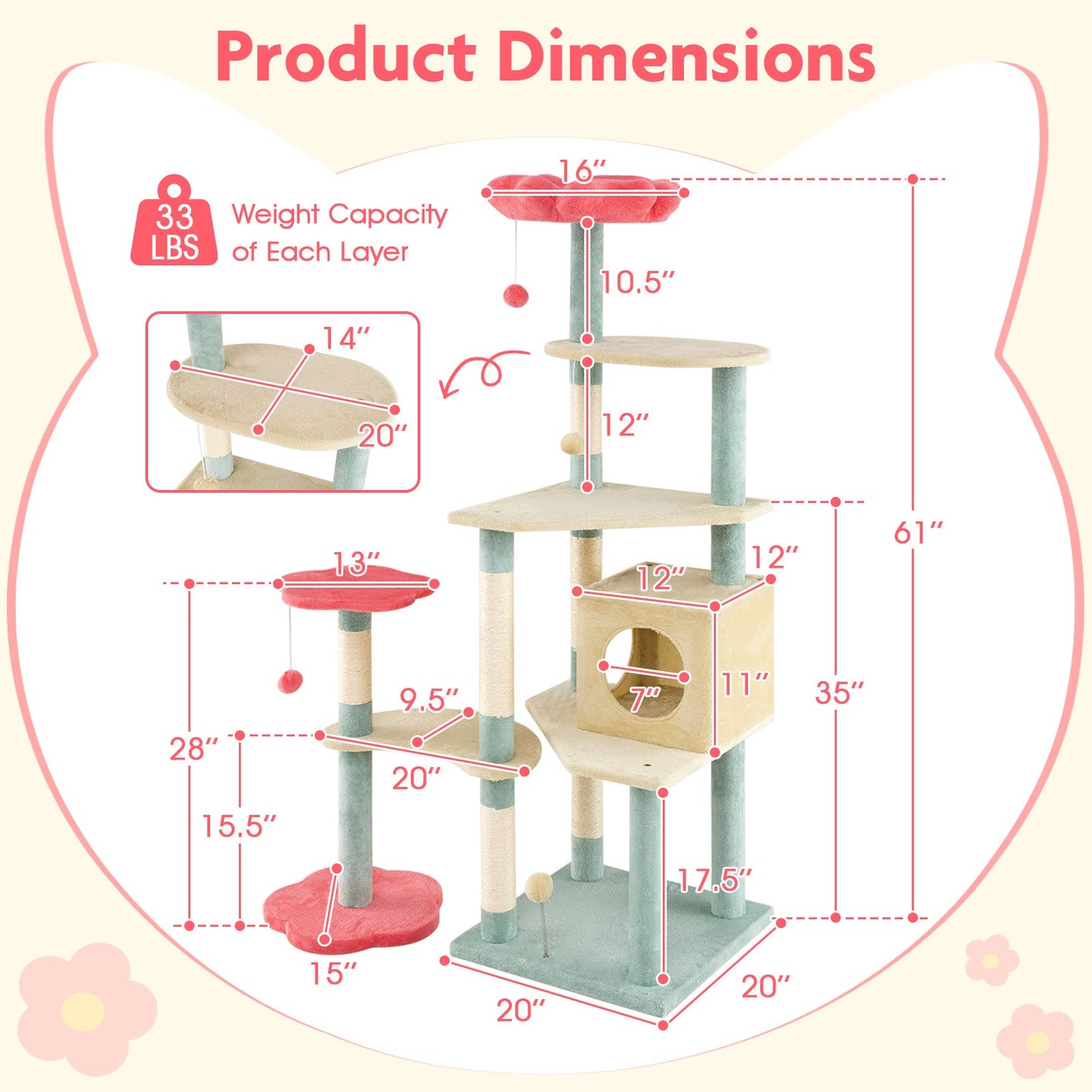 Multi-Level Aesthetic Floral Kitten Tower with Condo and Perch-Red