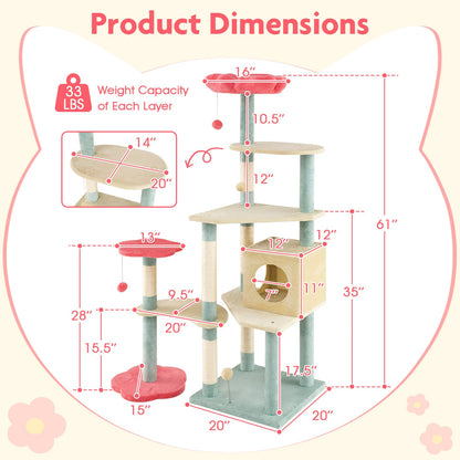 Multi-Level Aesthetic Floral Kitten Tower with Condo and Perch-Red